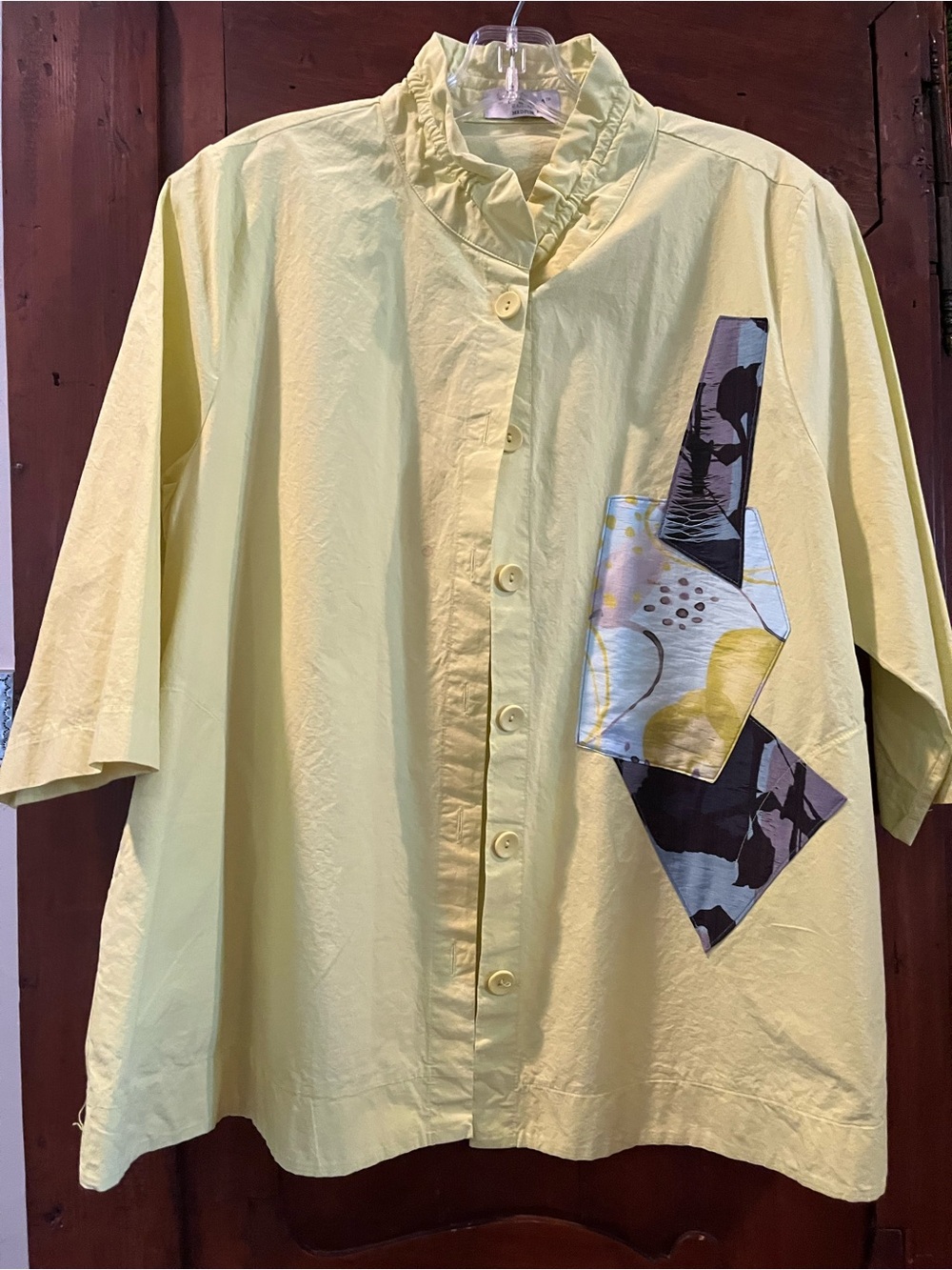 Light Yellow Ruffle-Collar Button-Down Shirt with Patch Pocket Accent